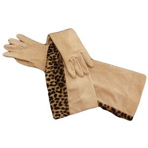 Gloves Vintage XS 18" Long Taupe Beige Brown Animal Print Trim